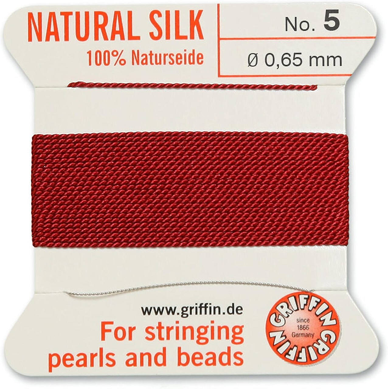 Griffin Silk Bead Cord Perlseide – Size 5 (0.65mm) – 2 Meters per Card – Stainless Steel Needle Attached – for Knotting Pearls, Gemstones, Crystals and Beads